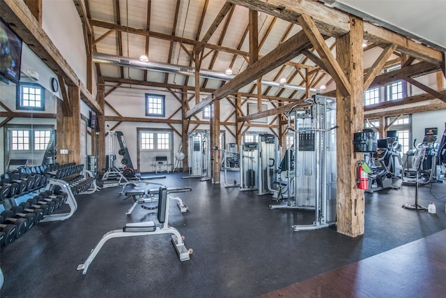workout area featuring high vaulted ceiling