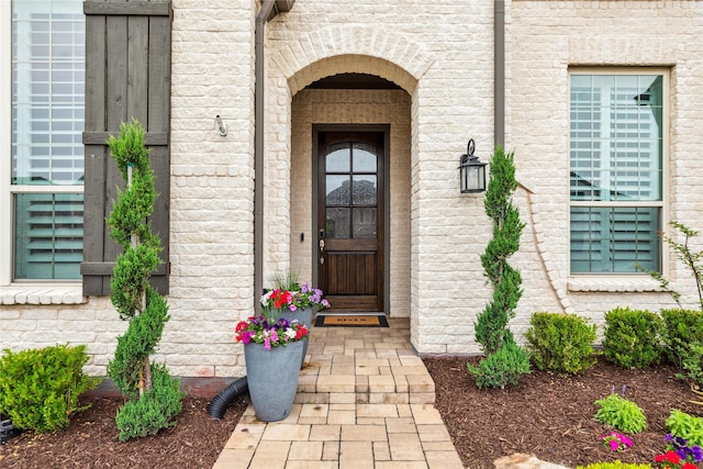 doorway to property featuring stone siding