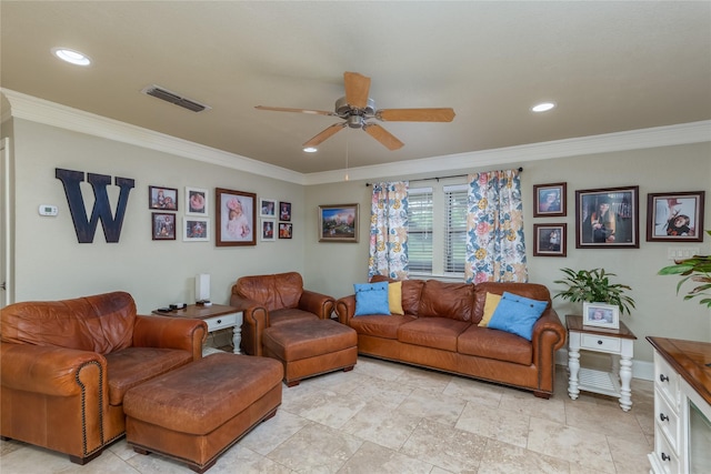 113 S Hill Top Ct, Springtown, TX 76082 - living area featuring baseboards, visible vents, recessed lighting, ceiling fan, and ornamental molding