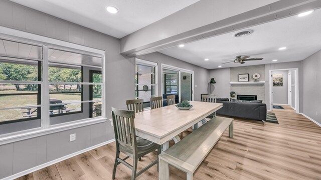 dining area with ceiling fan, recessed lighting, baseboards, light wood-type flooring, and visible vents