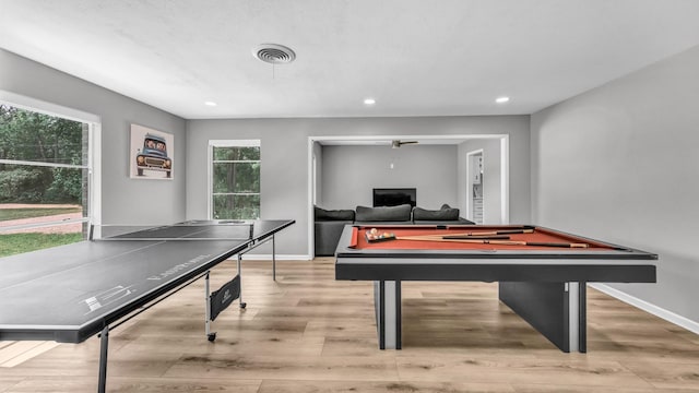 playroom with visible vents, pool table, wood finished floors, baseboards, and recessed lighting