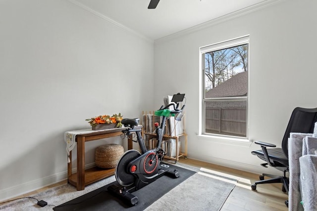 exercise room featuring wood finished floors, crown molding, baseboards, and ceiling fan