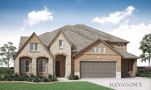 view of front facade featuring driveway, stone siding, a garage, brick siding, and a front yard