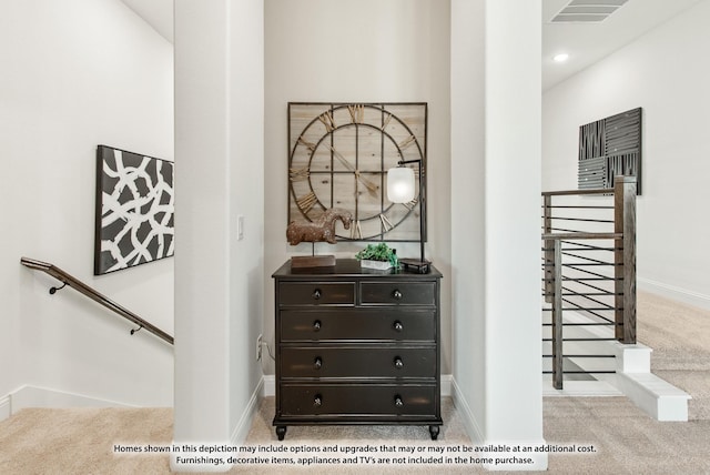 room details featuring recessed lighting, visible vents, carpet flooring, and baseboards