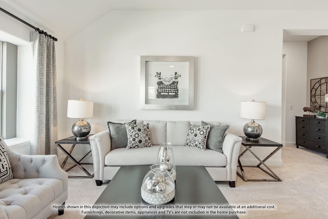 living room with baseboards, vaulted ceiling, and carpet