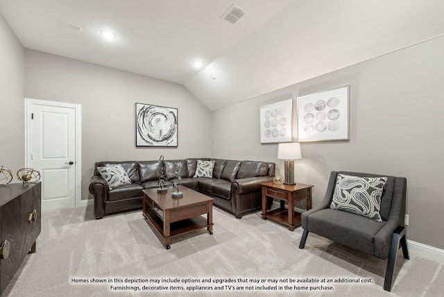 living area featuring vaulted ceiling, light colored carpet, baseboards, visible vents, and recessed lighting
