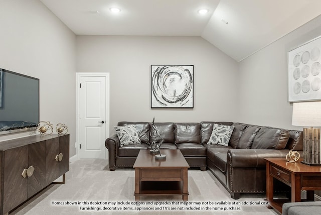 living room with recessed lighting, lofted ceiling, and light carpet