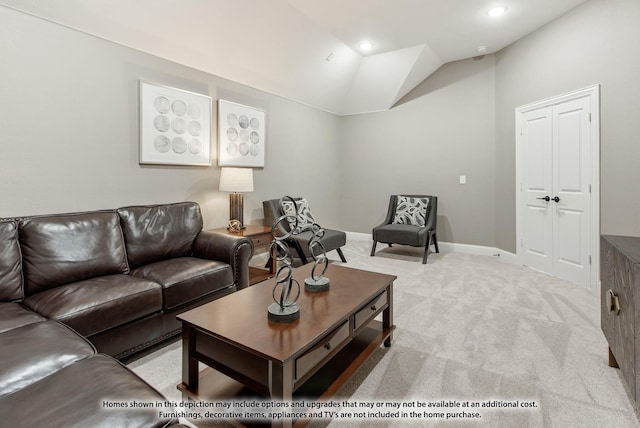 living area featuring recessed lighting, light carpet, lofted ceiling, and baseboards