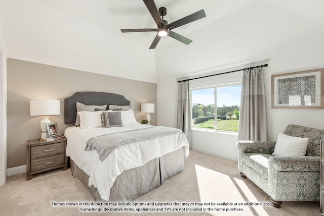 bedroom featuring baseboards, a ceiling fan, high vaulted ceiling, and light carpet