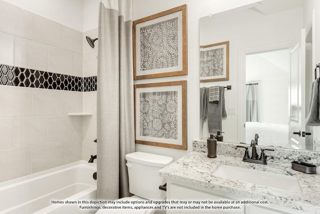 bathroom featuring ensuite bath, shower / bath combination with curtain, toilet, and vanity
