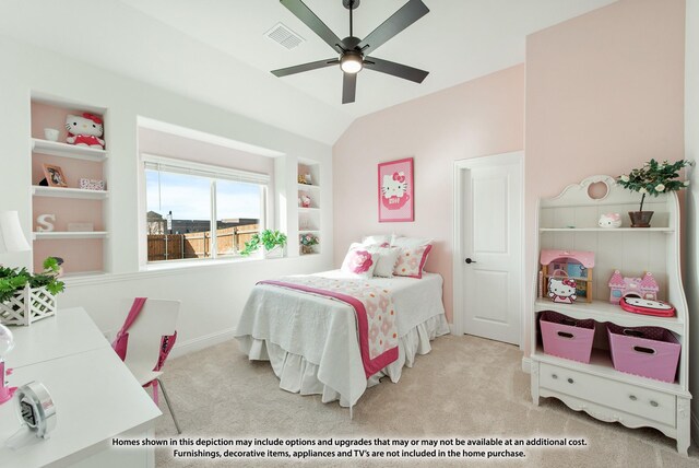 bedroom with ceiling fan, baseboards, visible vents, and carpet