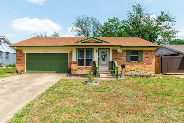 single story home featuring driveway, a front lawn, brick siding, and a garage