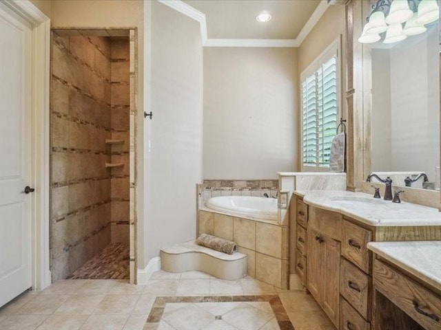 full bath with a garden tub, tile patterned floors, vanity, ornamental molding, and tiled shower