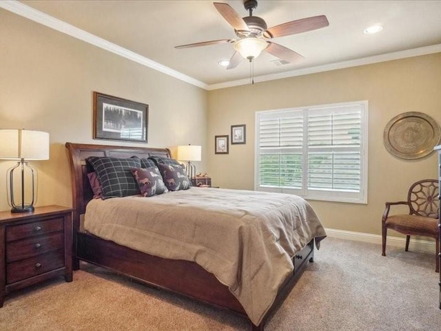 bedroom with recessed lighting, baseboards, crown molding, and light colored carpet