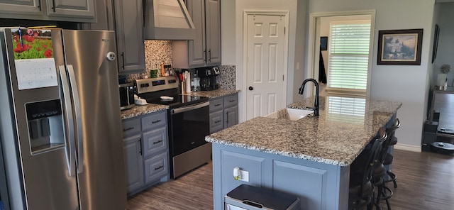35 County Road 2342, Sulphur Springs, TX 75482 - kitchen featuring under cabinet range hood, stainless steel appliances, gray cabinets, a sink, and dark wood-type flooring