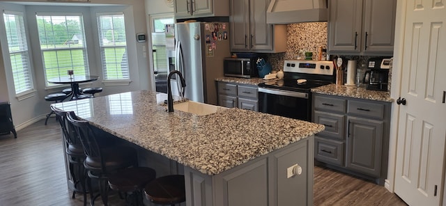 35 County Road 2342, Sulphur Springs, TX 75482 - kitchen featuring stainless steel appliances, a sink, extractor fan, backsplash, and gray cabinets