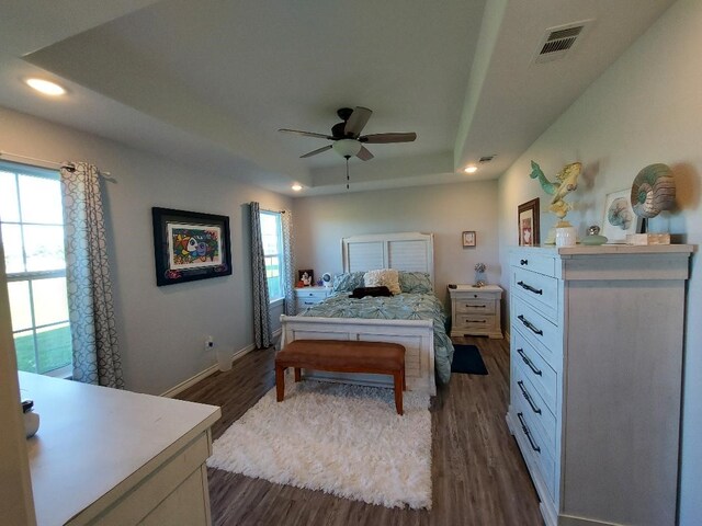 35 County Road 2342, Sulphur Springs, TX 75482 - bedroom with a tray ceiling, visible vents, baseboards, recessed lighting, and dark wood-type flooring