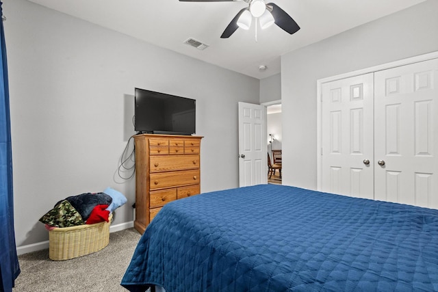 1425 E Cherry, Sherman, TX 75090 - bedroom featuring a ceiling fan, a closet, carpet floors, baseboards, and visible vents