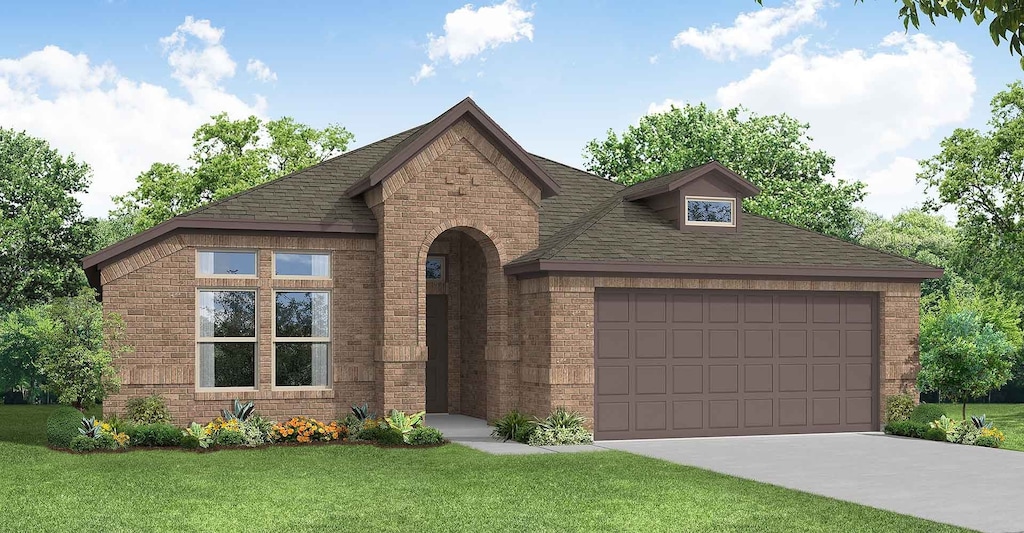 view of front of house with a garage, concrete driveway, a shingled roof, a front yard, and brick siding