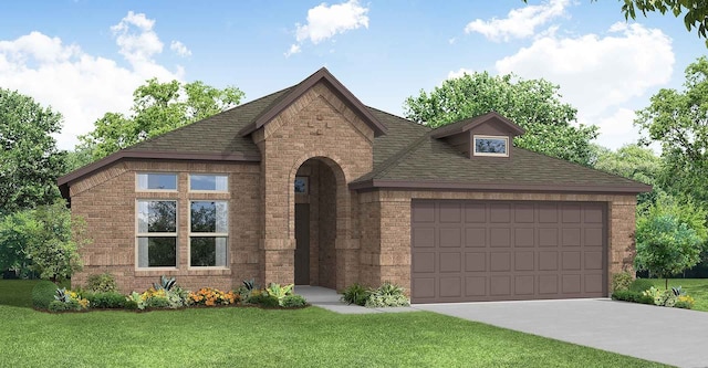 view of front of house with a garage, concrete driveway, a shingled roof, a front yard, and brick siding