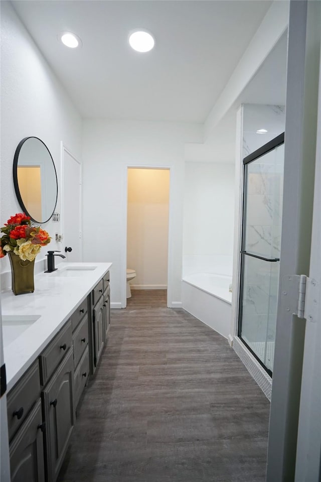 bathroom featuring toilet, wood finished floors, a sink, and a stall shower