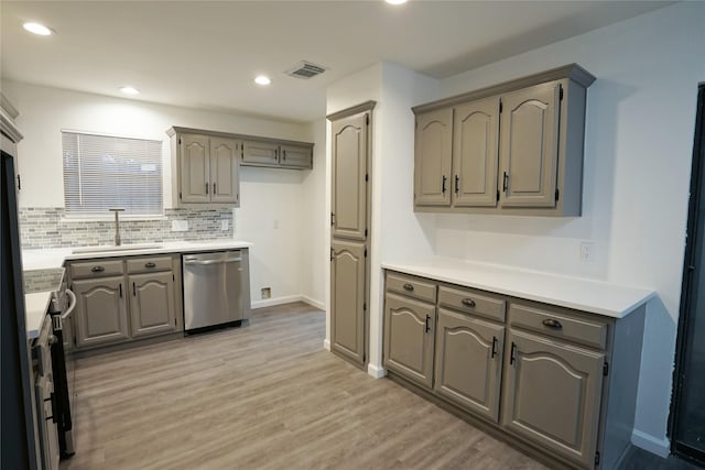 kitchen with gray cabinetry, visible vents, stainless steel appliances, and a sink