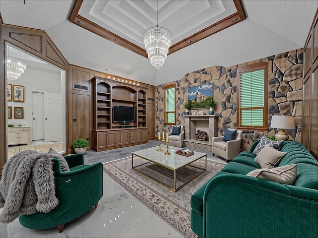 907 Red Oak Creek Dr, Ovilla, TX 75154 - living area featuring a chandelier, a tray ceiling, and lofted ceiling