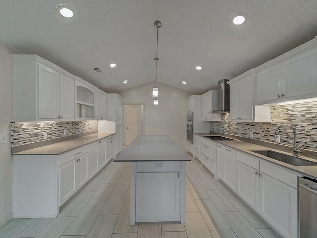 907 Red Oak Creek Dr, Ovilla, TX 75154 - kitchen with a sink, wall chimney exhaust hood, open shelves, dishwasher, and vaulted ceiling