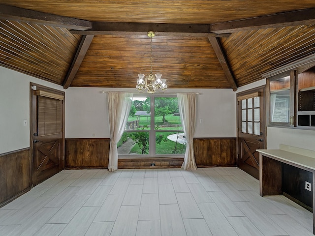 907 Red Oak Creek Dr, Ovilla, TX 75154 - unfurnished dining area featuring wooden ceiling, a wainscoted wall, a chandelier, wood walls, and light wood-style floors