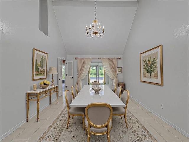 907 Red Oak Creek Dr, Ovilla, TX 75154 - dining space featuring a chandelier, high vaulted ceiling, baseboards, and light tile patterned floors
