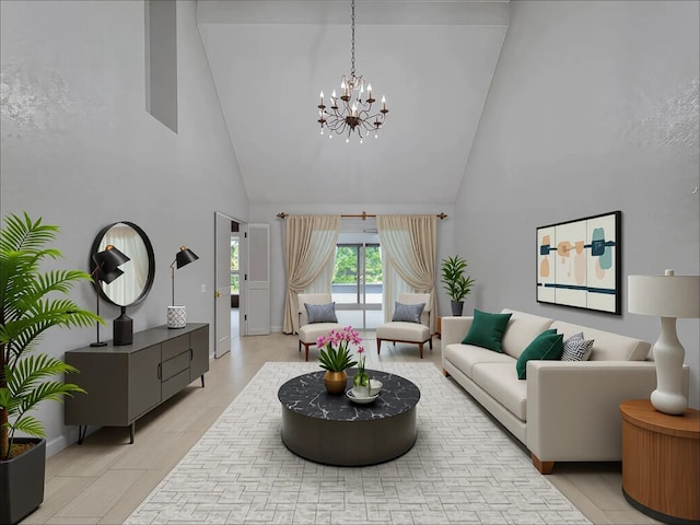 907 Red Oak Creek Dr, Ovilla, TX 75154 - living area featuring high vaulted ceiling, a chandelier, and baseboards