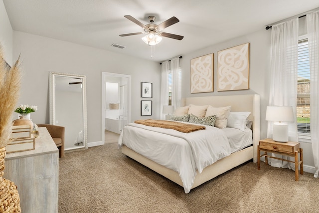 bedroom with visible vents, light carpet, multiple windows, and ceiling fan