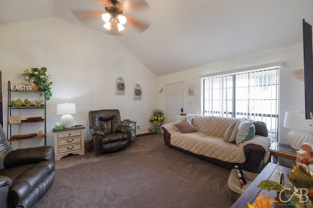 carpeted living area featuring lofted ceiling and ceiling fan