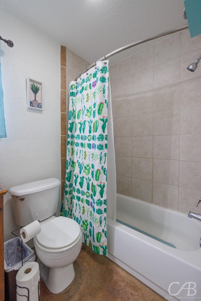 full bathroom featuring shower / bath combo, concrete flooring, toilet, and a textured ceiling