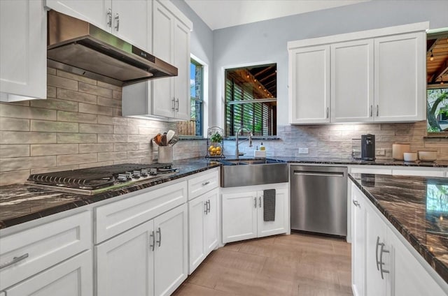 kitchen featuring white cabinets, under cabinet range hood, a sink, and appliances with stainless steel finishes