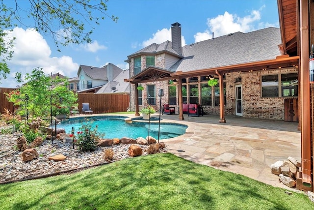 view of pool featuring a fenced backyard, a patio area, a fenced in pool, and a lawn