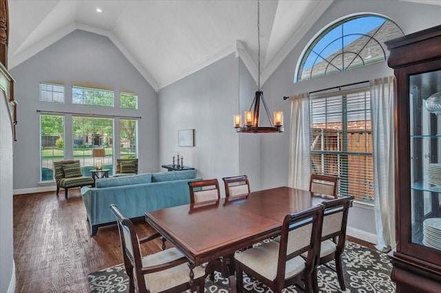 dining room featuring plenty of natural light, wood finished floors, baseboards, high vaulted ceiling, and a notable chandelier