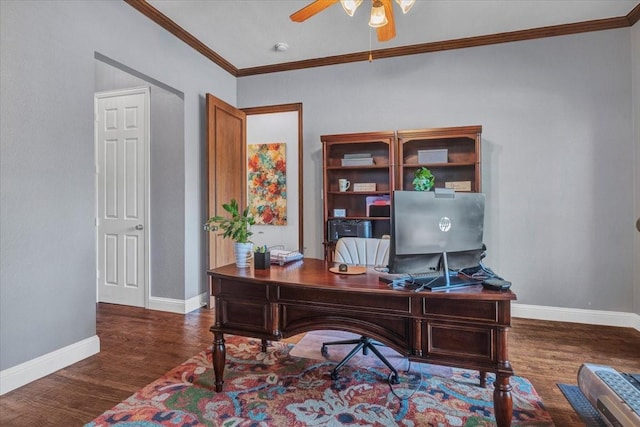 office area with wood finished floors, a ceiling fan, baseboards, and ornamental molding