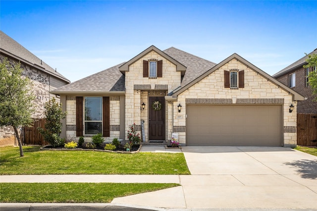 french country home with fence, an attached garage, stone siding, roof with shingles, and a front yard