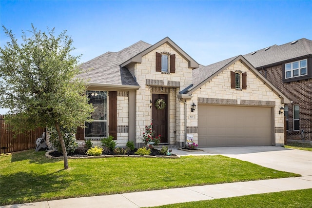 view of front of home featuring a front lawn, driveway, stone siding, a garage, and a shingled roof
