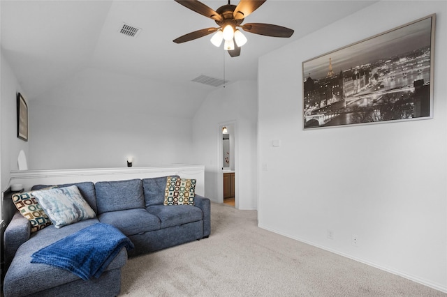 living room with ceiling fan, lofted ceiling, carpet flooring, and visible vents