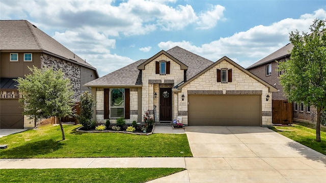 french provincial home with a garage, concrete driveway, stone siding, a front yard, and roof with shingles