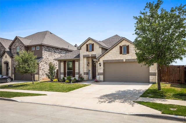 french country inspired facade featuring concrete driveway, a front lawn, stone siding, fence, and roof with shingles