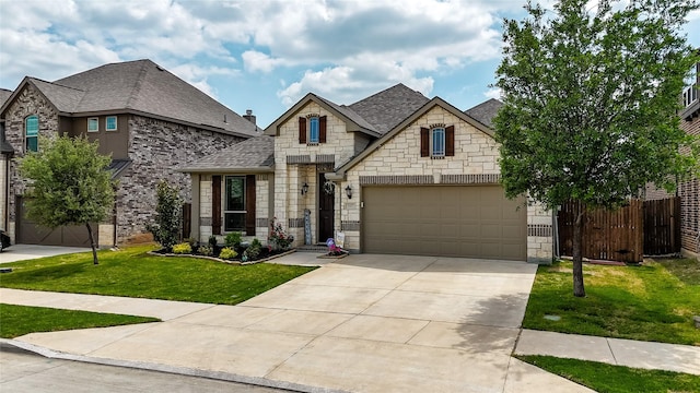 french country style house with driveway, stone siding, and a shingled roof