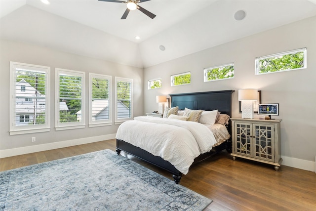 bedroom featuring vaulted ceiling, baseboards, recessed lighting, a ceiling fan, and wood finished floors