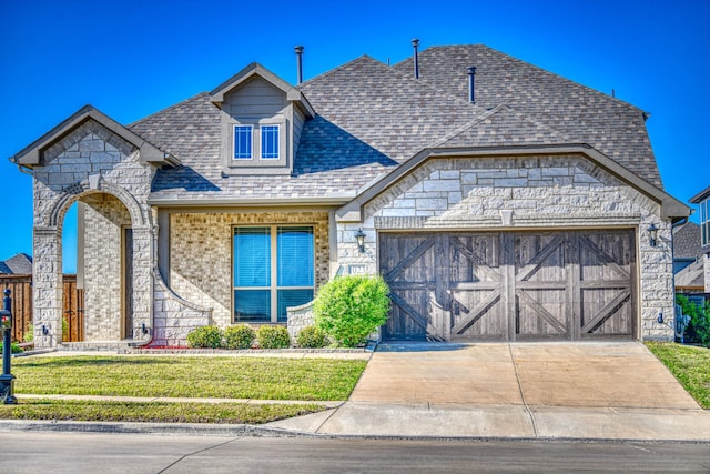 1023 Clydeview Rd, Forney, TX 75126 - french country style house with driveway, roof with shingles, a front yard, and a garage