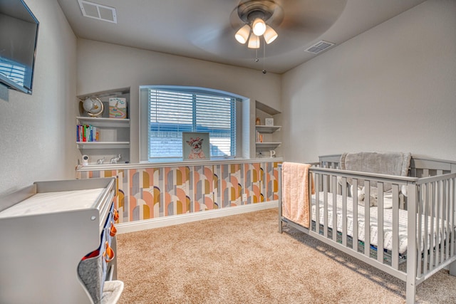 1023 Clydeview Rd, Forney, TX 75126 - bedroom featuring a nursery area, visible vents, carpet flooring, and a ceiling fan