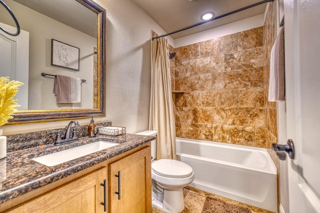 1023 Clydeview Rd, Forney, TX 75126 - full bathroom with vanity, shower / bathtub combination with curtain, a textured wall, toilet, and recessed lighting
