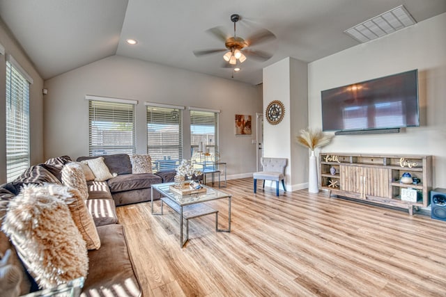 1023 Clydeview Rd, Forney, TX 75126 - living area featuring ceiling fan, vaulted ceiling, wood finished floors, and baseboards