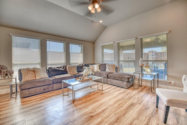 1023 Clydeview Rd, Forney, TX 75126 - living area featuring lofted ceiling, baseboards, a ceiling fan, and wood finished floors